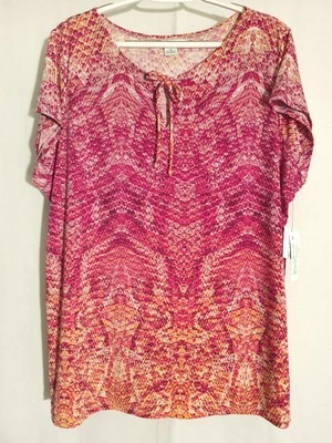 Camiseta Top Liz Claiborne Mujer-NUEVA CON ETIQUETAS-Rosa Tostado Blanco Manga Corta Tejida-2X Foto 1 de 4