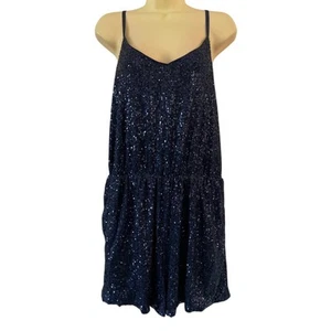Navy Blue Sequin Knit Romper Woman Size XL Elastic Waist Pockets Lined Clubwear - Bild 1 von 12