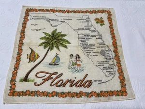 Vtg.”FLORIDA”Souvenir Handkerchief-Map/Palm/Swimmers/Fish Graphic-Oranges Border - Picture 1 of 13