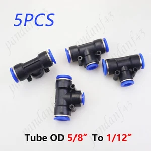 5 Pneumatic Reduced Tee Union Push In: 5/8 to 1/2 Tube OD, One Touch Fitting - Picture 1 of 9
