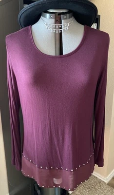 Blusa túnica Earl Jean para mujer granate manga larga PL (con dobladillo alto tachonado transparente) Foto 1 de 4