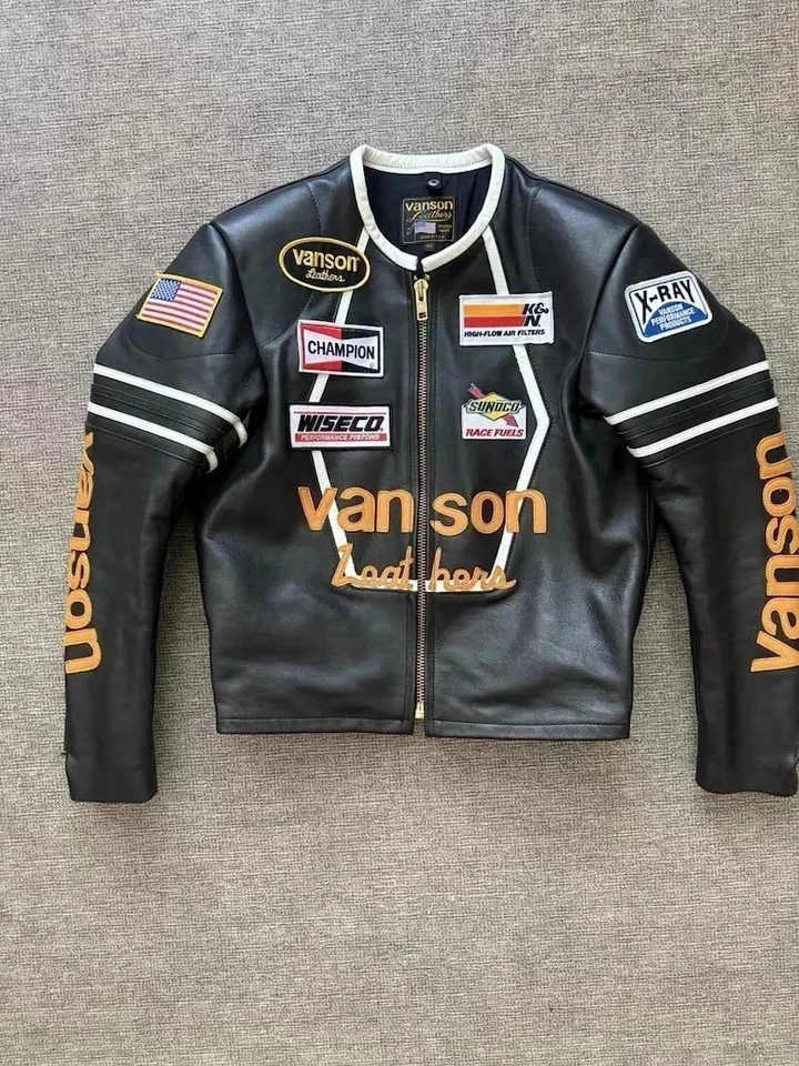 Chaqueta de carreras de cuero Vanson vintage para hombre chaqueta de parche de motociclista de cuero negro Foto 1 de 4