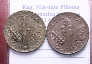 NL* VEIII Lotto 2 pezzi da 10 CENTESIMI IMPERO 1938 XVI RAME E 1939 XVII Bronzit - Foto 1 di 2