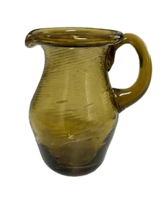 Vintage Amber Hand Blown Art Swirl Glass Miniature Mini 3 ½”  Handled Pitcher - Picture 1 of 10