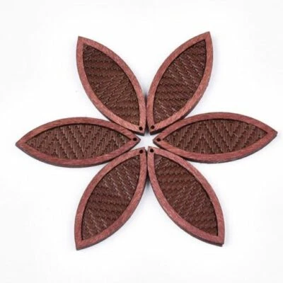 4 pcs. Dark Brown REAL Leather Cowhide over Wood Dangle Pendants – Rattan  - Image 1 of 2