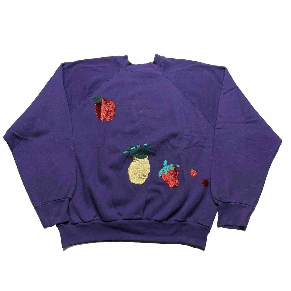 Vintage 90s Sweatshirt Size Large Purple Pullover Fruit Art Pineapple Apple USA - Image 1 of 4
