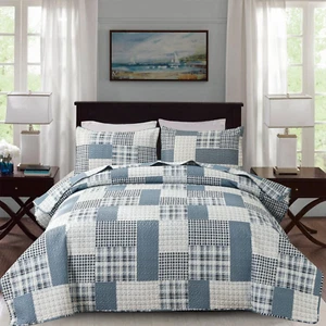 3 Piece Plaid Quilt Set Queen Size Country Patchwork Bedding Quilt Lightweight R - Picture 1 of 7