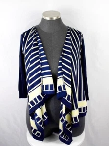 New York Company Cardigan Size XL Navy Blue Yellow Scarf Stripe Open Drape Front - Picture 1 of 8