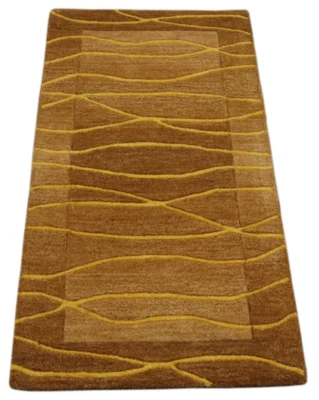 Teppich 100% Wolle 70X140 cm Handarbeit Kaffeefarbe Gold Handgetuftet T1021 - Bild 1 von 4