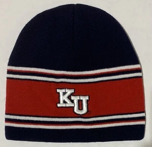 NAVY RED KANSAS UNIVERSITY CUFFLESS NCAA  SNOW KNIT BEANIE SKI CAP HAT KU - Picture 1 of 2