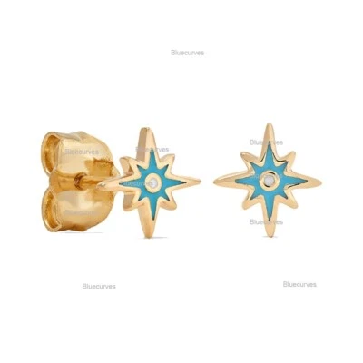 New Arizona Turquoise Diamond Starburst Studs 18k Yellow Gold Earrings Jewelry - Image 1 of 4