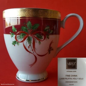 Mikasa Fine China L3468 PALATIAL HOLLY GOLD 10-Oz 4-1/8" Footed Mug. Red Ribbon - Picture 1 of 7