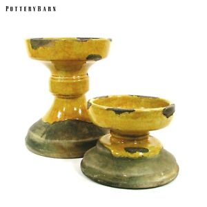 Pottery Barn TUSCAN GLAZE - YELLOW 8" & 4" Pillar Candle Holder Set 2Pc Rustic