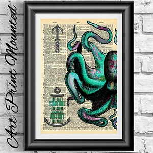 ART PRINT VINTAGE DICTIONARY BOOK PAGE Mounted Blu Octopus Nautical WALL HANGING - Imagen 1 de 3