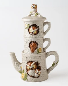 1977 Vintage Ceramic "Tea For Two" Owl Set by Enesco - 4 pieces E-9202 - Picture 1 of 9