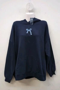 Hollister Oversized Bow Graphic Full Sleeves Women's Pullover Hoodie L Navy Blue - Picture 1 of 9