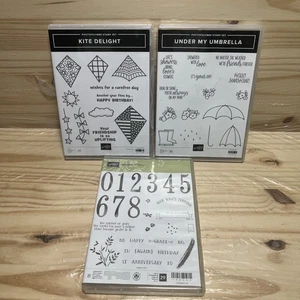 Lote de 3 estampillas de fotopolímero paraguas cometa deleite número de años - Imagen 1 de 10