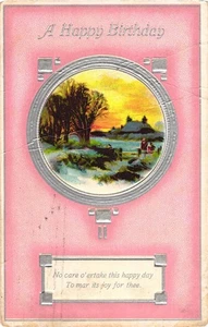 Vintage 1913 Birthday Postcard Pink Embossed Scenic Cottage - Picture 1 of 2