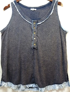 Camiseta sin mangas Henley blanca abedul M azul cambray ribete volantes dobladillo nueva sin etiquetas - Imagen 1 de 12