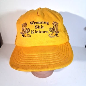 Vintage Wyoming Cowboy Boots Mesh Snapback Trucker Hat Cap Yellow - Picture 1 of 10
