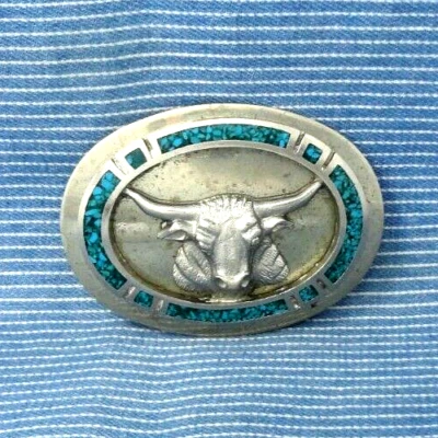 Hebilla de cinturón Bull estilo nativo suroeste incrustación de piedra azul de colección años 60 70 .B191 Foto 1 de 4