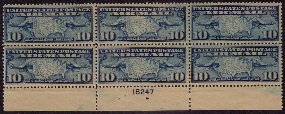 US USA Sc# C7 MNH FVF PLATE# 6BLOCK Mail Airplane Map US - Image 1 of 1