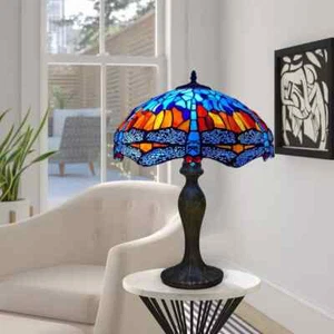 Handmade 16-Inch Blue Tiffany Dragonfly Table Lamp with Stained Glass Shade - UK - Picture 1 of 11