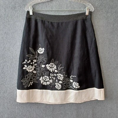Falda Ann Taylor Para Mujer 10P Negra Patrón Floral Midi Mezcla de Lino Falda Informal Foto 1 de 4