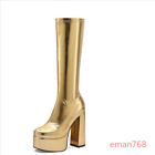 Pull on Square Toe High Chunky Heels Knee High Boots for Women Stretch Shoes Sz