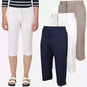Womens Ladies Cropped Three Quarter Capri Trouser Pants Holiday Cotton Elastane - Picture 1 of 26