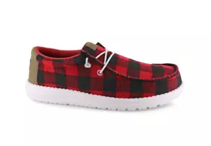 Wally Buffalo Plaid Red/Black lightweight flexible moc-toe slip-ons Hey Dude NEW - Picture 1 of 11