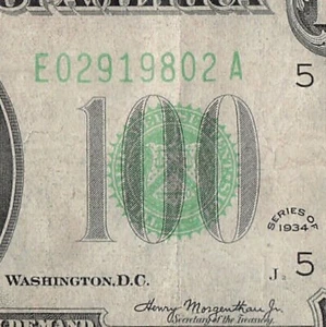 1934 Richmond One Hundred Dollar Bill E02919802A J2 Back Plate 106 - Picture 1 of 11