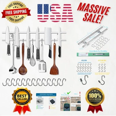 24-Inch Wall-Mounted Magnetic Knife Holder – 304 Stainless Steel with 12 Hooks - Image 1 of 4