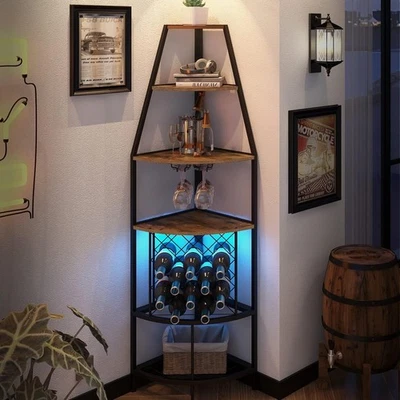 5 Tier Corner Wine Rack with LED Light | Home Bar Shelf Bottle & Glass Storage - Image 1 of 4