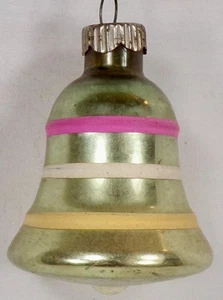 Shiny Brite Christmas Ornament Green Bell Pink White Yellow Stripes Glass #1369 - Picture 1 of 8