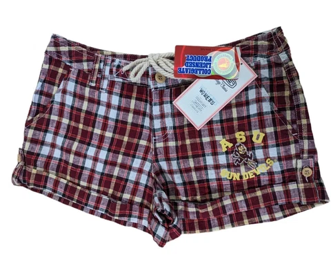 NWT e5 Womens NCAA ASU Sun Devils Arizona State Plaid Shorts Maroon Linen Blend Cover
