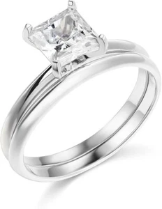 1.30 Ct Princess Real 14K White Gold Engagement Wedding Ring Set Matching Band - Picture 1 of 7