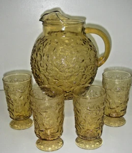 Anchor Hocking Glas MILANO Honig Gold 5 tlg Getränkeset Krug Becher mit Fuß. - Bild 1 von 10