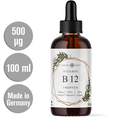 NORDIC PURE VITAMIN B12 TROPFEN, Methylcobalamin, hochdosiert: 500mcg pro Tag, 100ml, vegan!