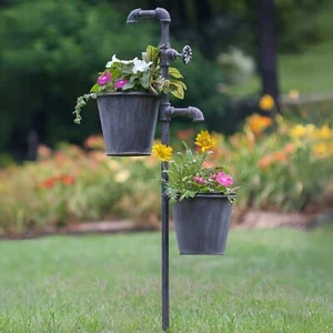 Primitive Faucet Garden Stake with Two Planters Rustic Outdoor Yard Decor 40.5"H - Picture 1 of 6