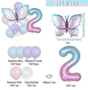 9 Piece Balloon Set Butterfly Blue Purple Pink Birthday Party Two 2 Year Old - Picture 1 of 1