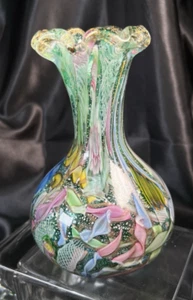 Murano Bizantino Tutti Frutti Vaso Vintage Vetro Smeraldo Soffiato a Mano Alto 6" - Foto 1 di 8