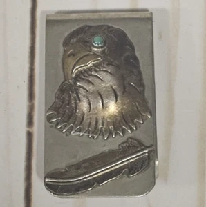 Vintage Heavy Duty Eagle Head with Turquoise Eye and Feather Design Money Clip - Picture 1 of 5