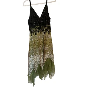 Ever Pretty Size 14 Y2K Mesh Fairy Babydoll Asym Dress Floral Sequin Green Black - Picture 1 of 12