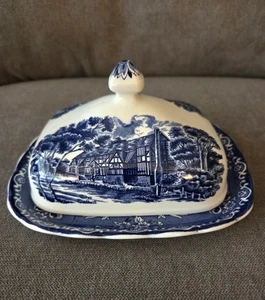 Vintage W.H. Grindley & Co Butterdose mit Deckel Staffordshire England blau weiß - Bild 1 von 12