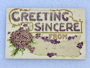 Antique 1909 Posted "Greeting Sincere From..." Purple Flowers Postcard - Picture 1 of 2