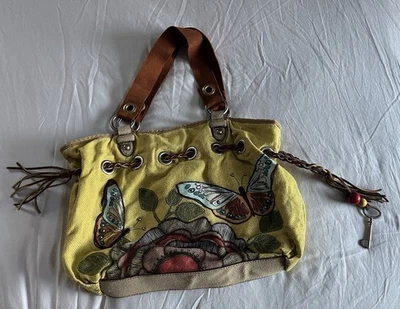 Bolso Cartera Amarillo Fósil con Cordón Boho Hippie Lona Mariposa Flores Hojas  Foto 1 de 4