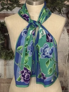 Vintage Oscar de la Renta Silk Scarf Blue Green Floral Silk 51" x 10" Flaws - Picture 1 of 8