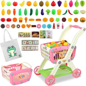 Kids Shopping Cart - 2 in 1 Toy Shopping Cart with Play Food Fruit Vegetable - Picture 1 of 12