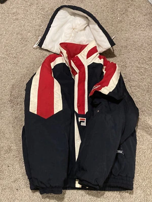Vintage M Fila Jacket Hood, Red, White, Blue Zipper & Buttons, 2 + Sleeve Pocket - Image 1 of 4